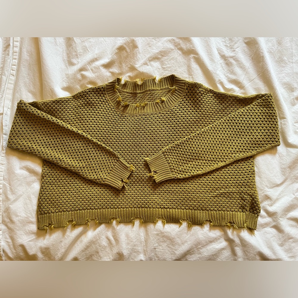 PLANET by Lauren G Distressed Open Knit Pima Cotton Sweater One Size